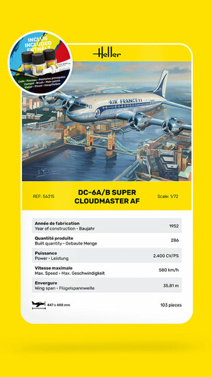 Heller 56315 STARTER KIT DC6 Super Cloudmaster AF Bouwpakket Schaal 1:72