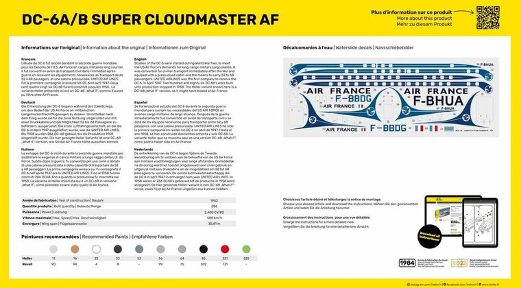 Heller 56315 STARTER KIT DC6 Super Cloudmaster AF Bouwpakket Schaal 1:72